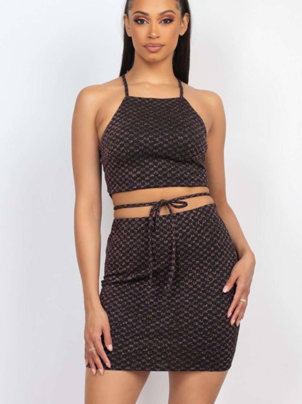 Black and Pink Patterned Mini Skirt Set - Picture 2 of 7